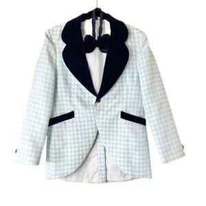 Vintage 60s Men's Blue Gingham Checkered Blazer with Bow Tie Size 38 Short